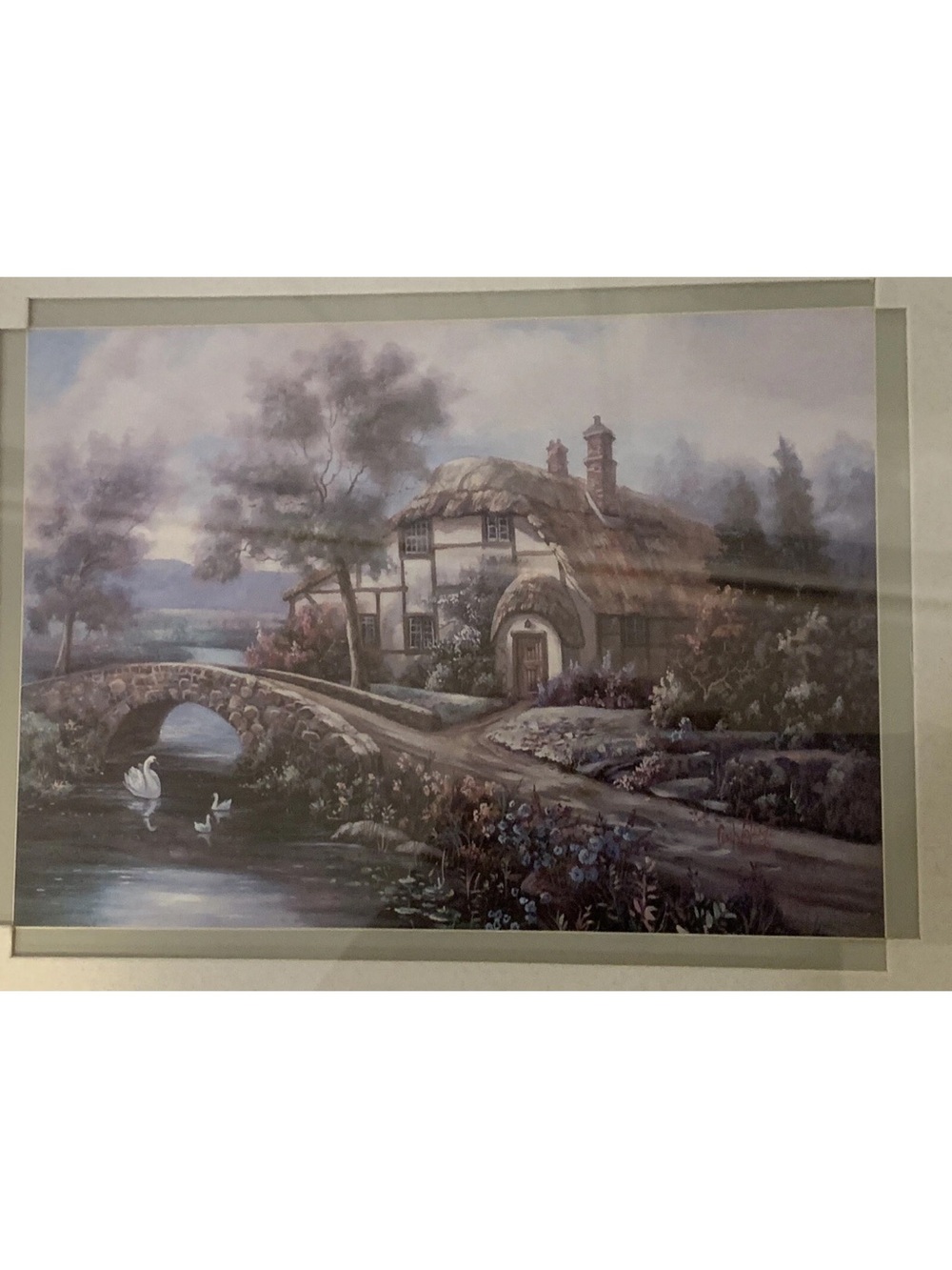Carl Valente Print English Cottage Swans Double Matted Framed Signed 12 X 10